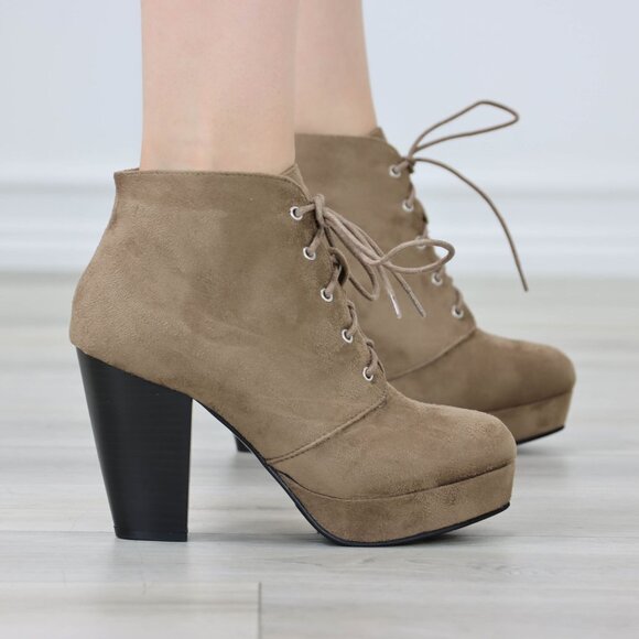 Womens Ankle Boots Lace Up Block Heel Booties Taupe Brown Suede - Picture 10 of 11